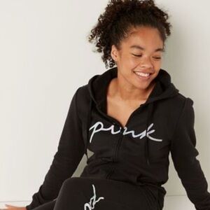 PINK Vs Full Zip Hoodie Black with white Script Logo Sz S